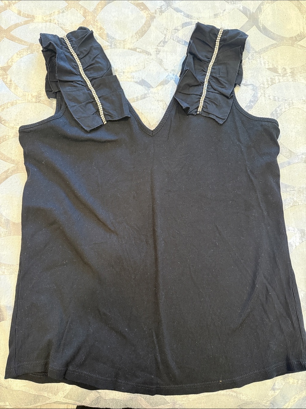 River Island Black Ribbed V-Neck Tank with Ruffle Straps and Jewel Trim